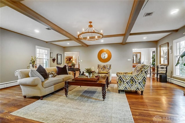 living room with a baseboard radiator, hardwood / wood-style flooring, beamed ceiling, and a notable chandelier