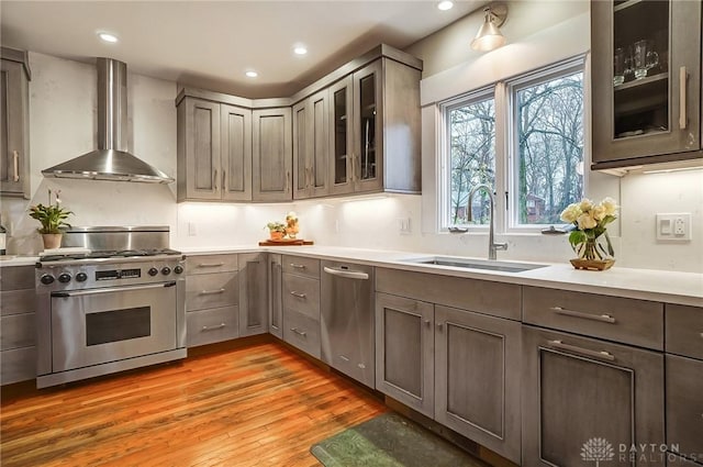 kitchen with sink, light wood-type flooring, stainless steel appliances, wall chimney exhaust hood, and gray cabinets