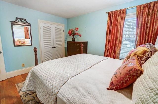 bedroom with a closet and hardwood / wood-style floors