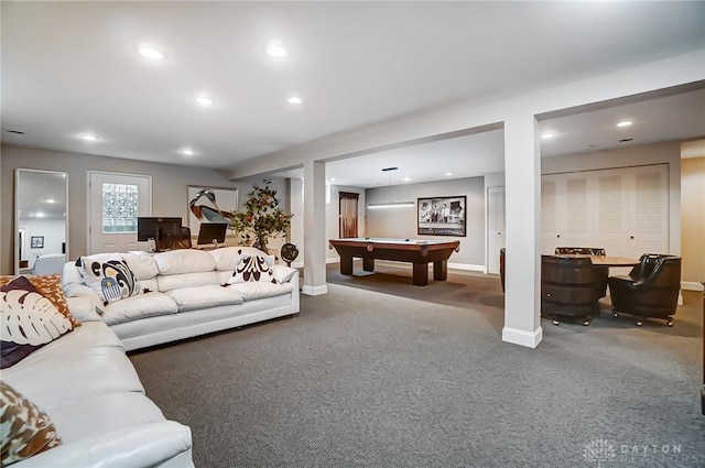 living room featuring carpet and billiards