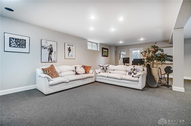 living room featuring dark carpet