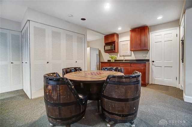 interior space with dark carpet and sink