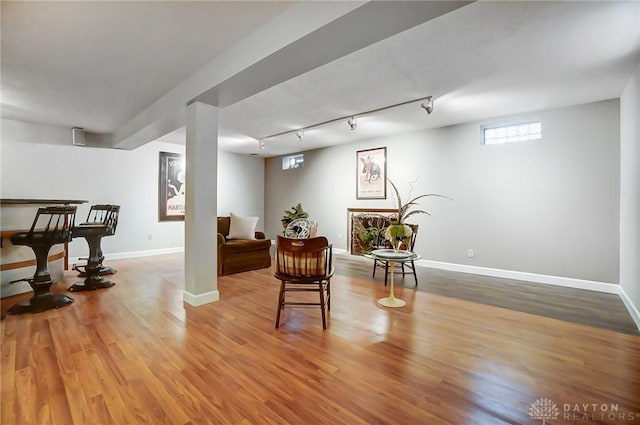 living area with hardwood / wood-style floors and rail lighting