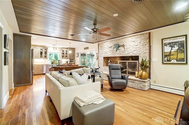 living room with a baseboard heating unit, a fireplace, light hardwood / wood-style floors, and wood ceiling