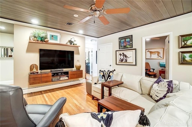 living room featuring ceiling fan, light wood-type flooring, and wooden ceiling