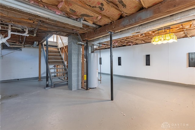 basement with water heater and electric panel