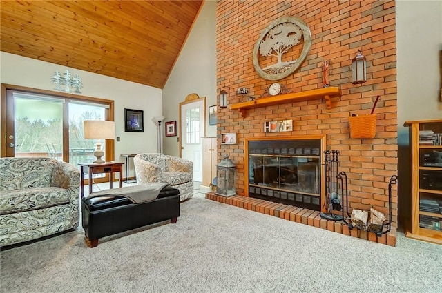 living room featuring a brick fireplace, carpet floors, wooden ceiling, and high vaulted ceiling