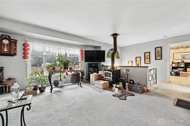 living room with a wood stove and carpet flooring