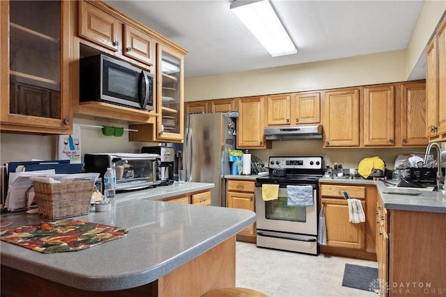 kitchen with sink, kitchen peninsula, and appliances with stainless steel finishes