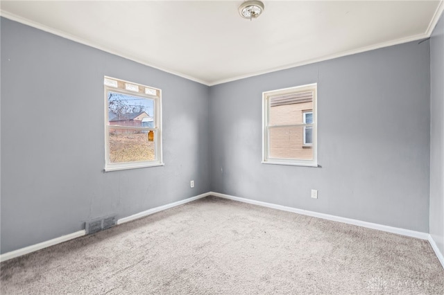 unfurnished room featuring carpet floors, ornamental molding, and plenty of natural light