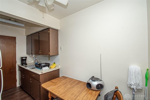 kitchen featuring dark hardwood / wood-style flooring, ceiling fan, sink, and dark brown cabinetry