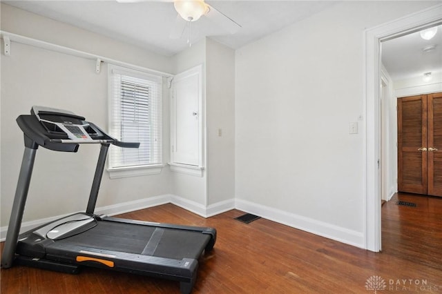 workout area with ceiling fan and wood-type flooring