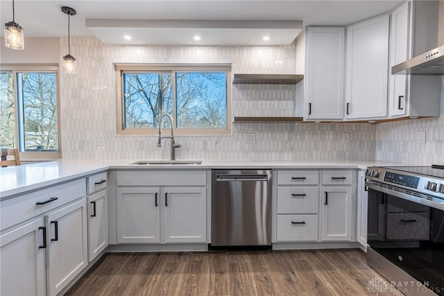 kitchen with wall chimney range hood, white cabinetry, stainless steel appliances, and sink