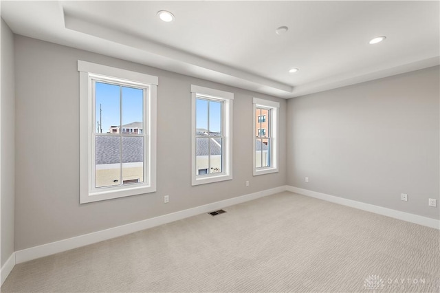 carpeted spare room with a tray ceiling