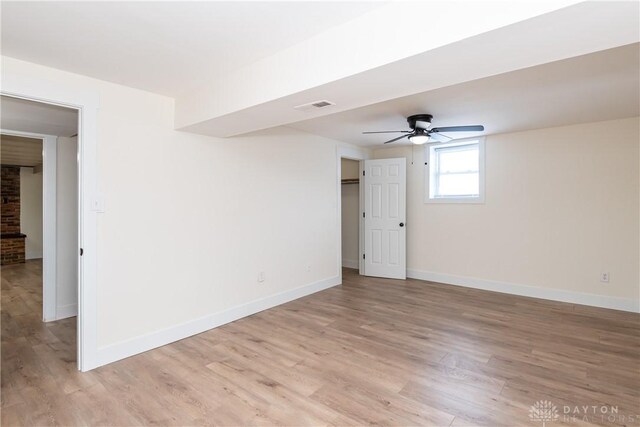 spare room featuring ceiling fan and light hardwood / wood-style floors