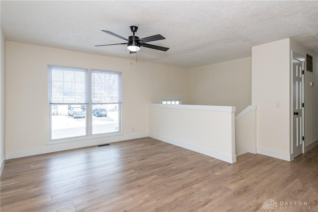 unfurnished room featuring ceiling fan, light hardwood / wood-style floors, and a textured ceiling