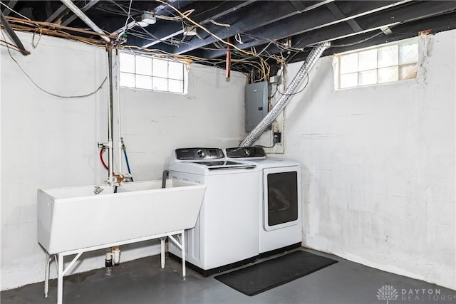1908 John Glenn Rd, Dayton, OH 45420 - washroom featuring laundry area, washing machine and dryer, a healthy amount of sunlight, electric panel, and a sink
