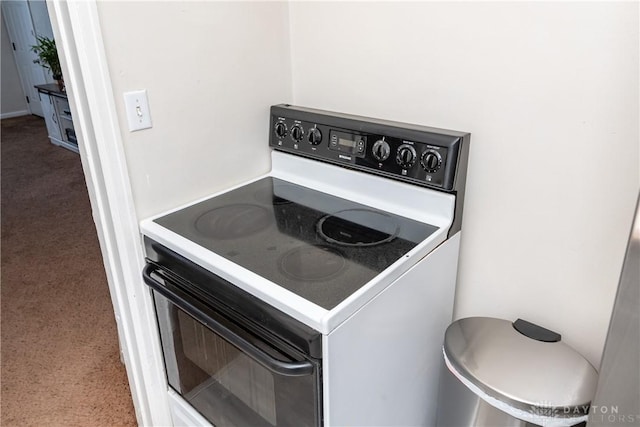 interior details with electric range oven and carpet