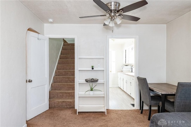 stairs with carpet floors, a textured ceiling, and ceiling fan