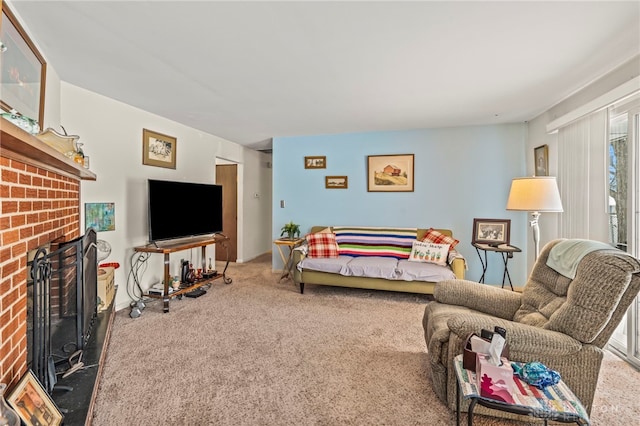 carpeted living room with a fireplace