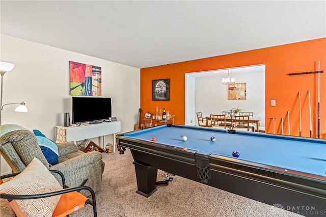 rec room featuring carpet and billiards