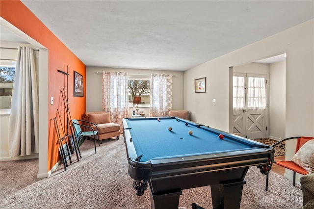 game room with pool table and carpet floors