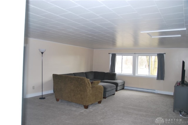 carpeted living room with a baseboard radiator