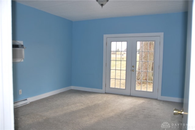 doorway to outside with a baseboard radiator, french doors, and carpet flooring