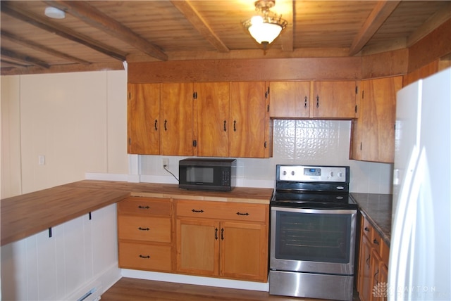 kitchen featuring beamed ceiling, decorative backsplash, wooden ceiling, white fridge, and stainless steel electric stove