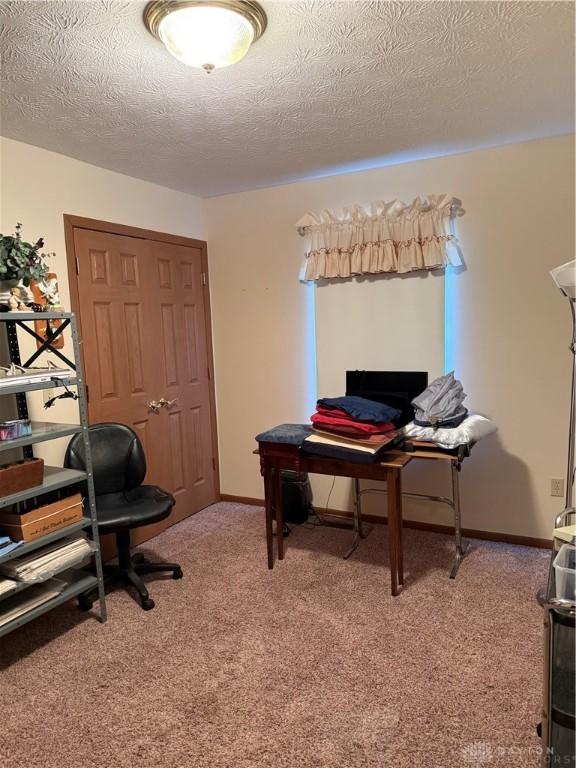 office area featuring a textured ceiling and carpet flooring