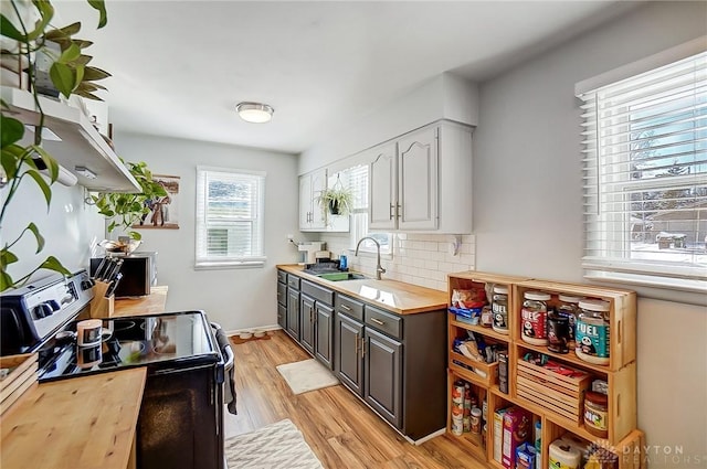 kitchen with light hardwood / wood-style flooring, electric range, backsplash, sink, and white cabinetry