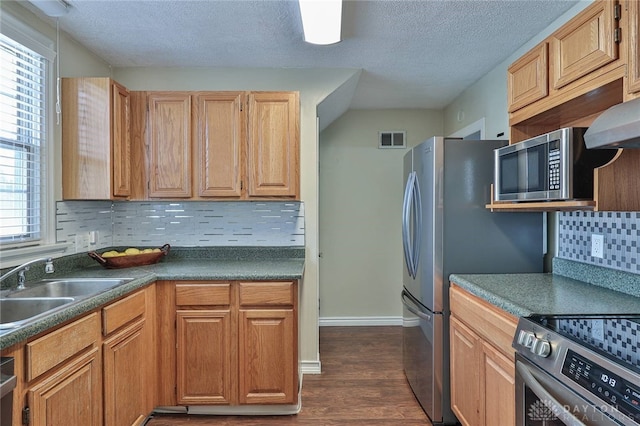 kitchen featuring sink, wall chimney range hood, stainless steel appliances, dark hardwood / wood-style flooring, and decorative backsplash