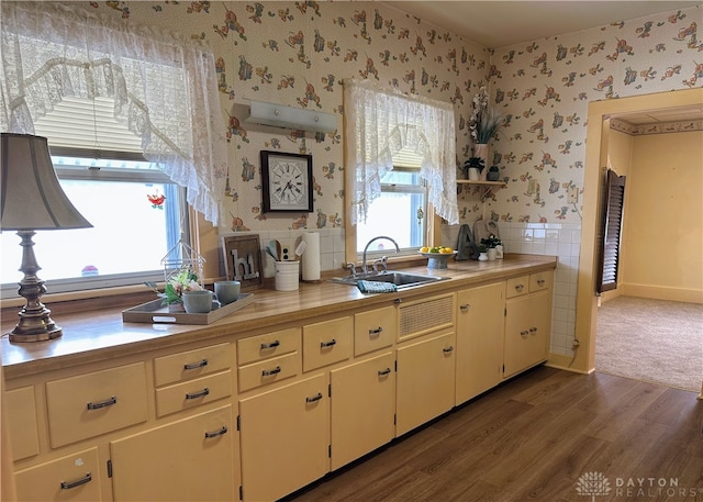 kitchen featuring sink, hardwood / wood-style flooring, and tile walls