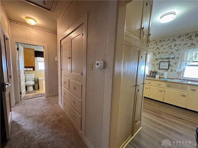 hallway featuring light wood-type flooring and sink