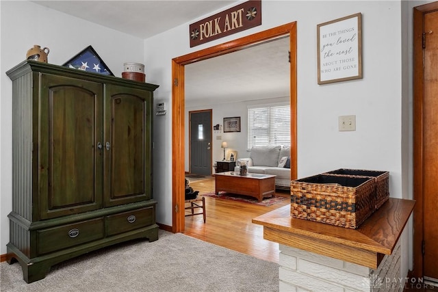 hall featuring carpet and wood finished floors