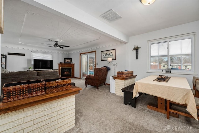 living room featuring carpet, visible vents, ceiling fan, and a lit fireplace