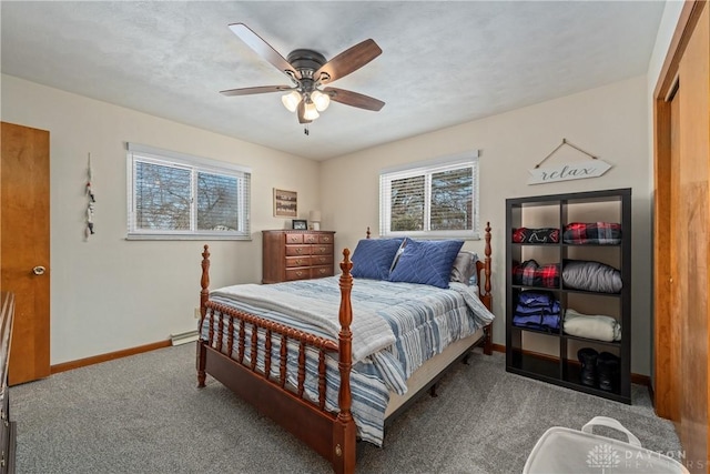 bedroom with carpet floors, ceiling fan, and baseboards