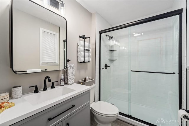 bathroom featuring toilet, a stall shower, and vanity