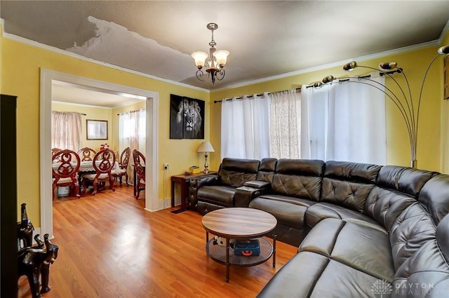 living room with a notable chandelier, ornamental molding, plenty of natural light, and light wood-style floors