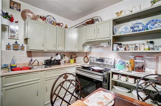 kitchen featuring light countertops, open shelves, stainless steel range with electric stovetop, and under cabinet range hood