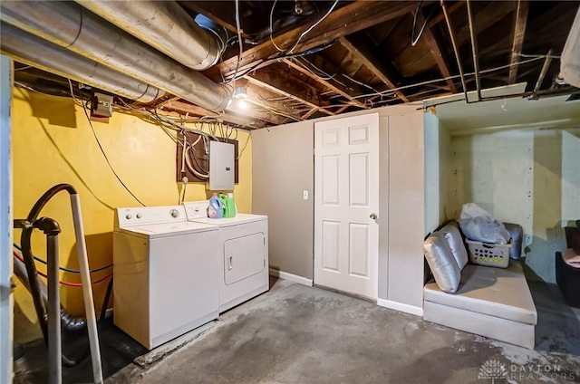 laundry area with laundry area, electric panel, and washer and clothes dryer