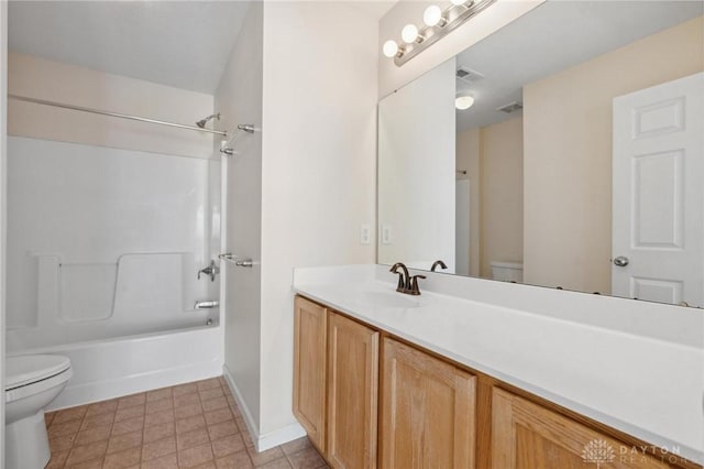 bathroom featuring vanity, visible vents,  shower combination, tile patterned floors, and toilet