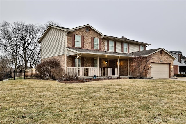 traditional home featuring a porch, a front yard, brick siding, and fence