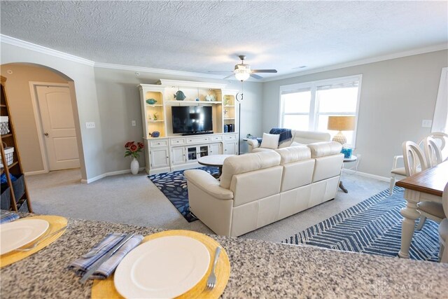 living area with arched walkways, light carpet, and crown molding