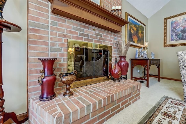 details with carpet flooring, a fireplace, and baseboards