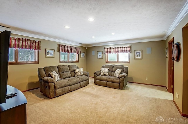 living area featuring crown molding, recessed lighting, light carpet, a textured ceiling, and baseboards