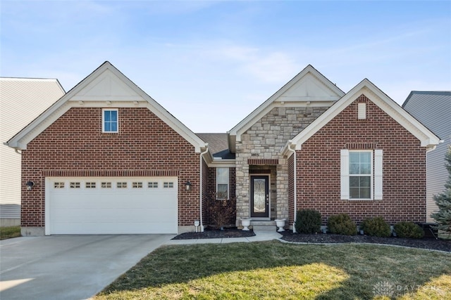 view of front facade featuring a garage, brick siding, concrete driveway, stone siding, and a front lawn