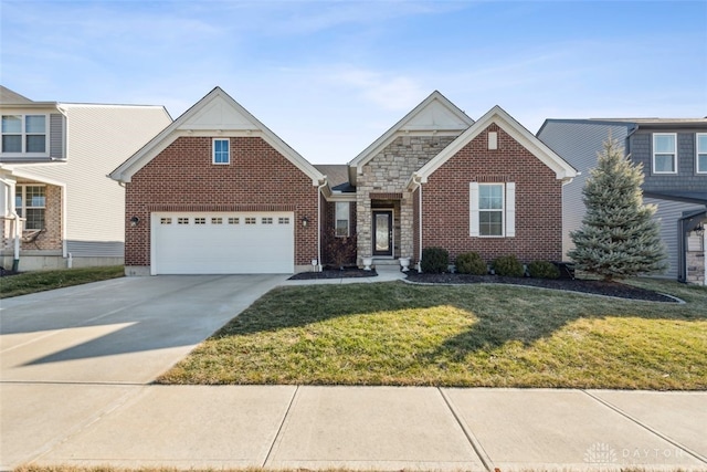 view of front of home with a garage, a front yard, brick siding, and driveway