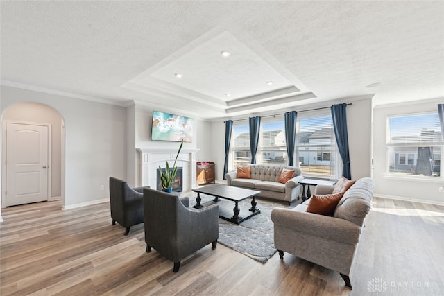 living area with arched walkways, a raised ceiling, a fireplace, and light wood finished floors