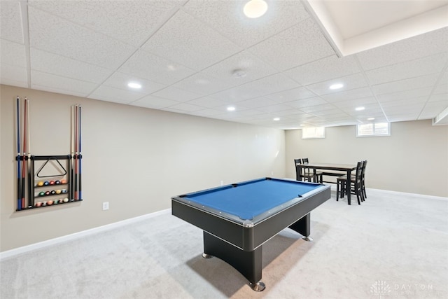 game room featuring carpet floors, baseboards, a drop ceiling, and recessed lighting